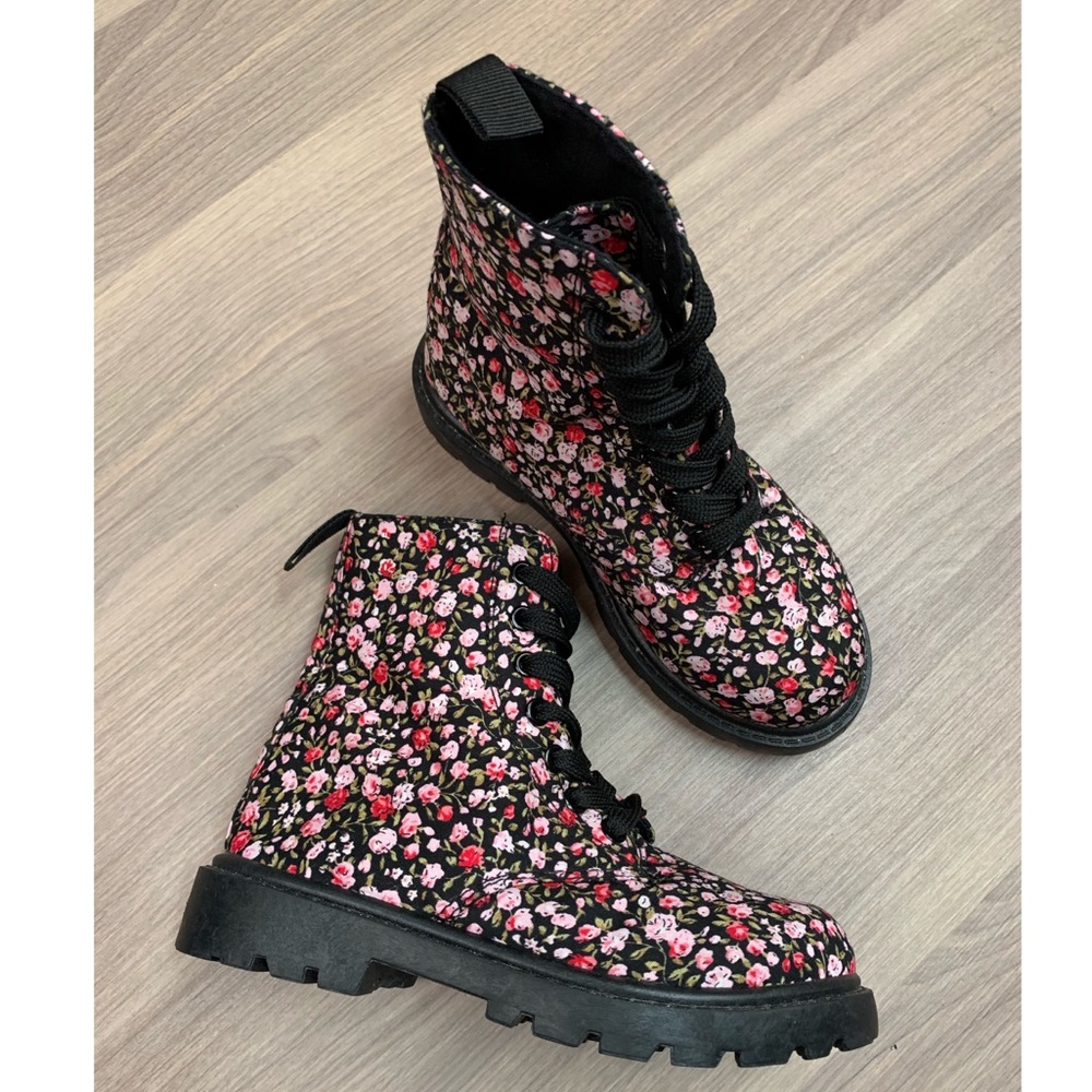 Aviva Girl Floral Lace Up Combat Boots Kids 11 - Picture 2 of 8